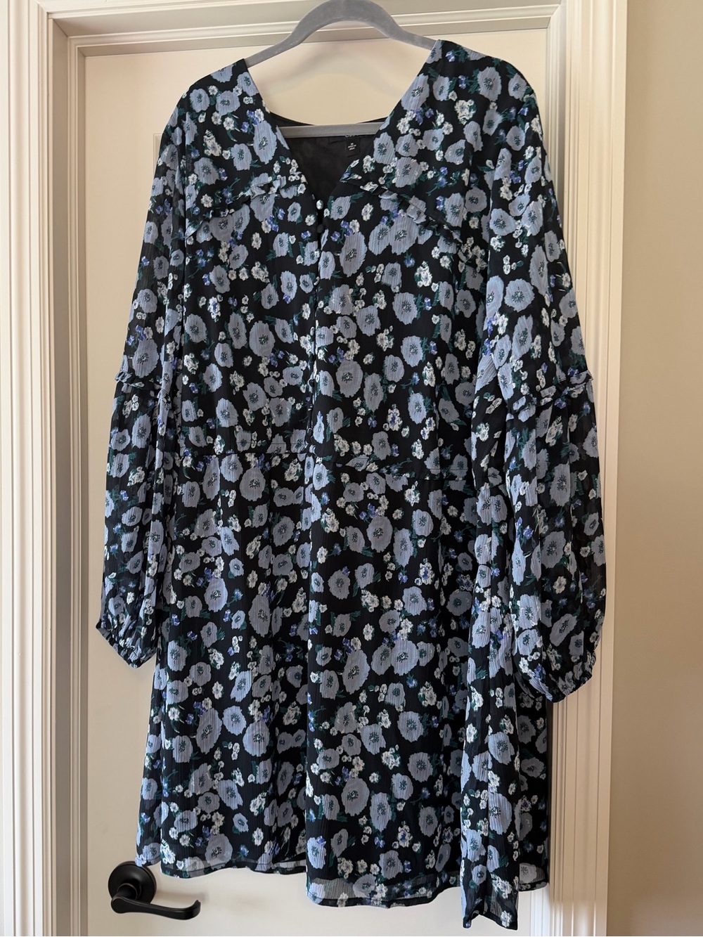 Black Floral V-Neck Tunic Dress with Light Blue Flowers | Ellos